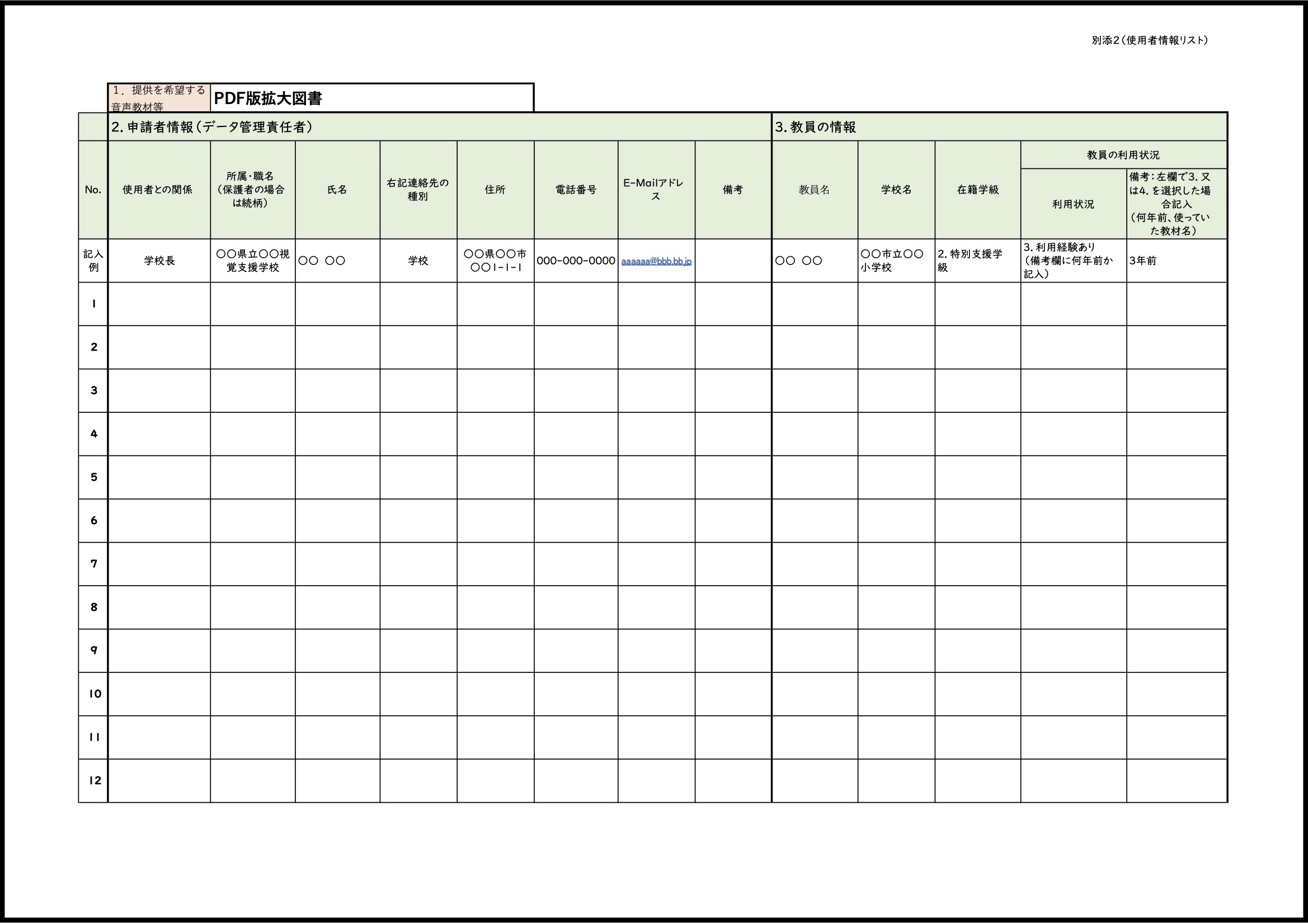 「利用者申請書」シートタブの画像