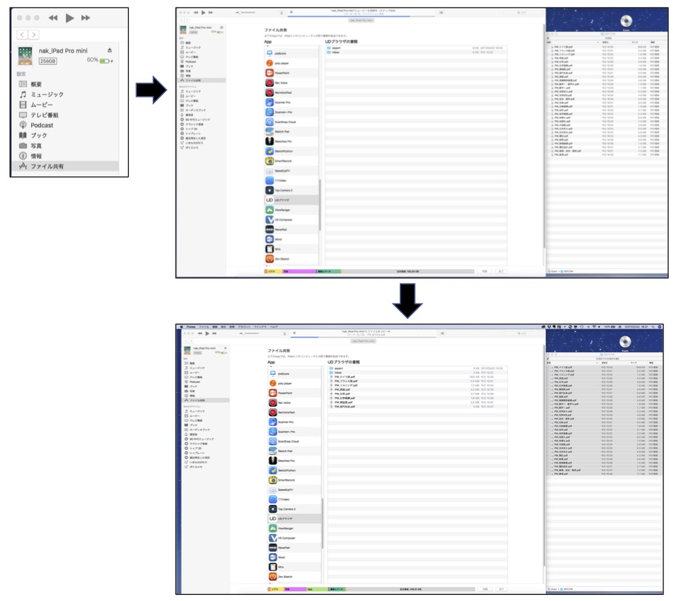 図８　CD（DVD）-ROMからiTunes経由でiPadのUDブラウザにデータを転送の写真