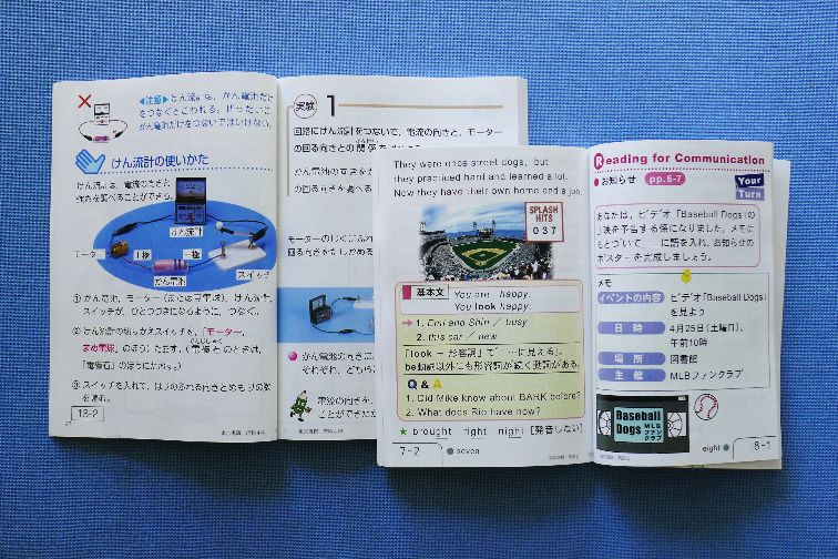 図2.4.3 教科書会社が作成した拡大教科書のサンプル:教科書会社が作成した拡大教科書の表紙とその内容を写した写真