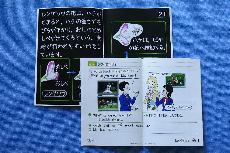 図2.4.4 ボランティアが製作した拡大教科書のサンプル:ボランティアが制作した拡大教科書の表紙とその内容を写した写真